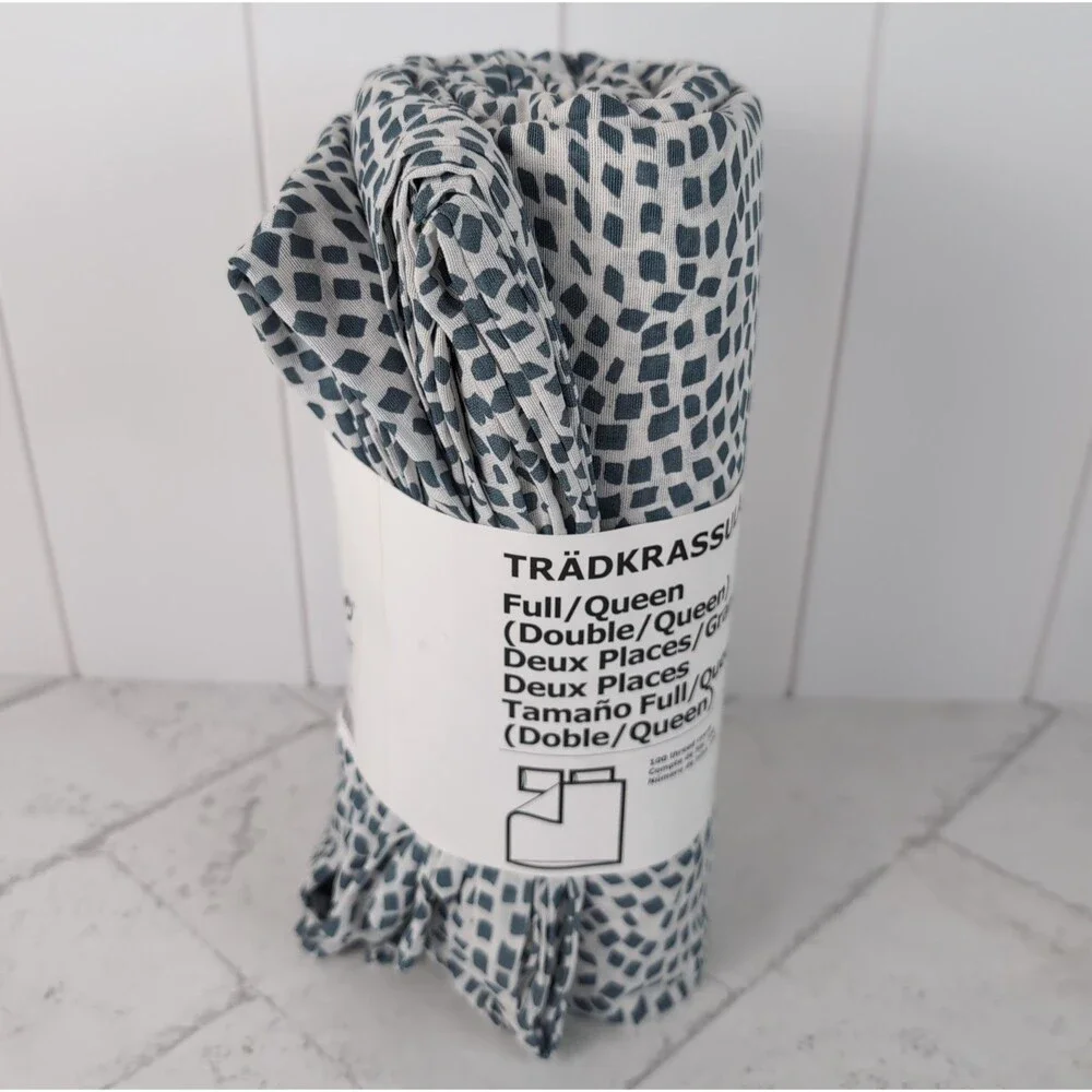 IKEA Tradkrassula Full/Queen Duvet Cover & Pillowcases White Teal Blue Scandi